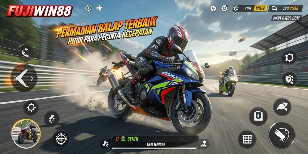 Screenshot gameplay FUJIWIN88 menampilkan aksi balap motor yang cepat dan mendebarkan.