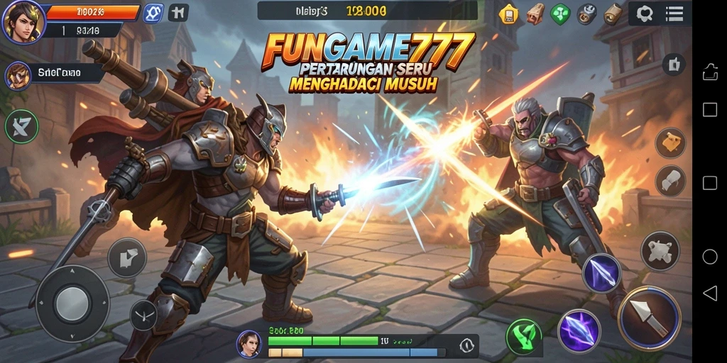 Tampilan gameplay FUNGAME777 dengan pertarungan yang mengesankan.